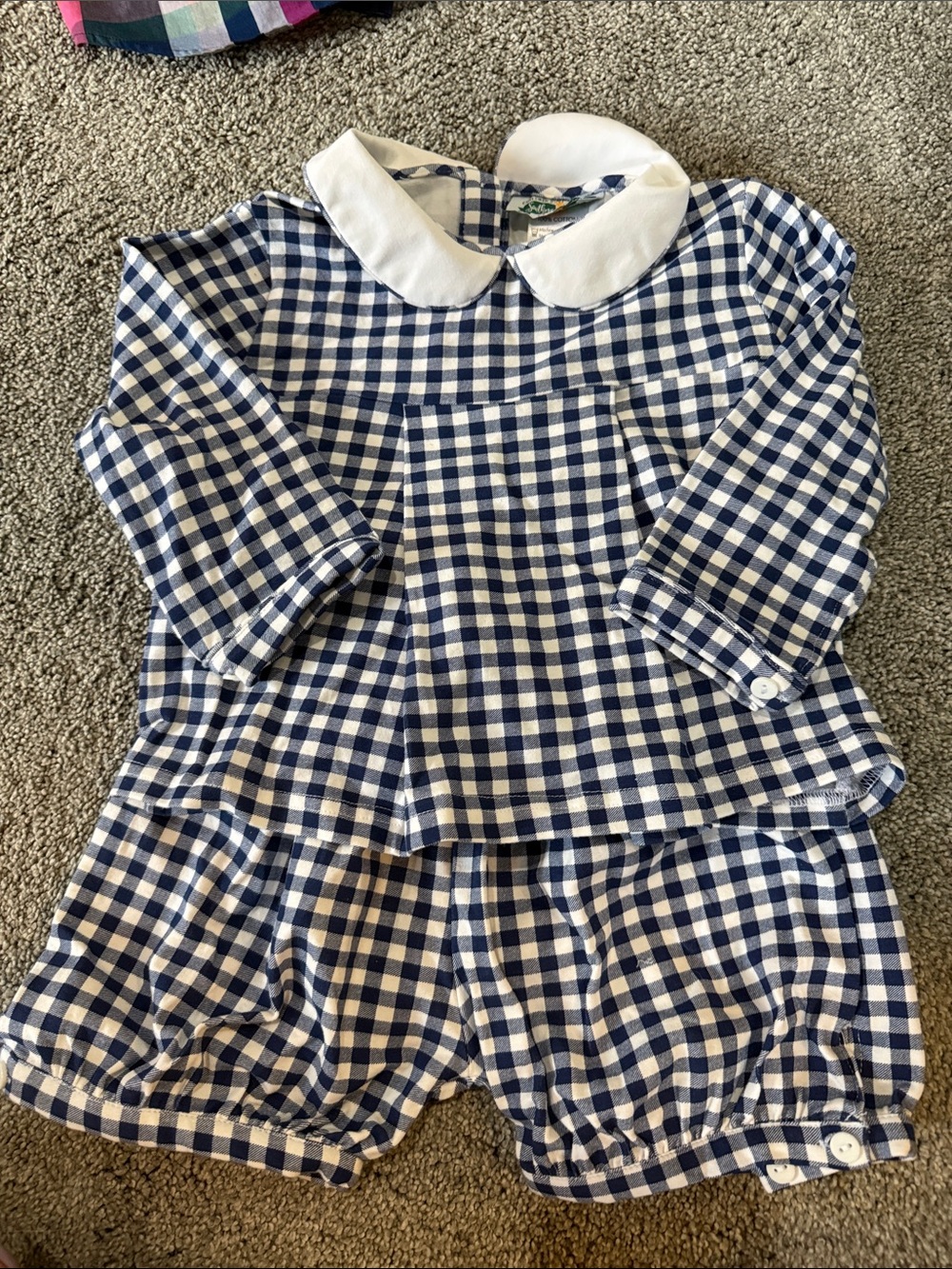 Blue and White Gingham Kids Shorts Set with Peter Pan Collar NWT